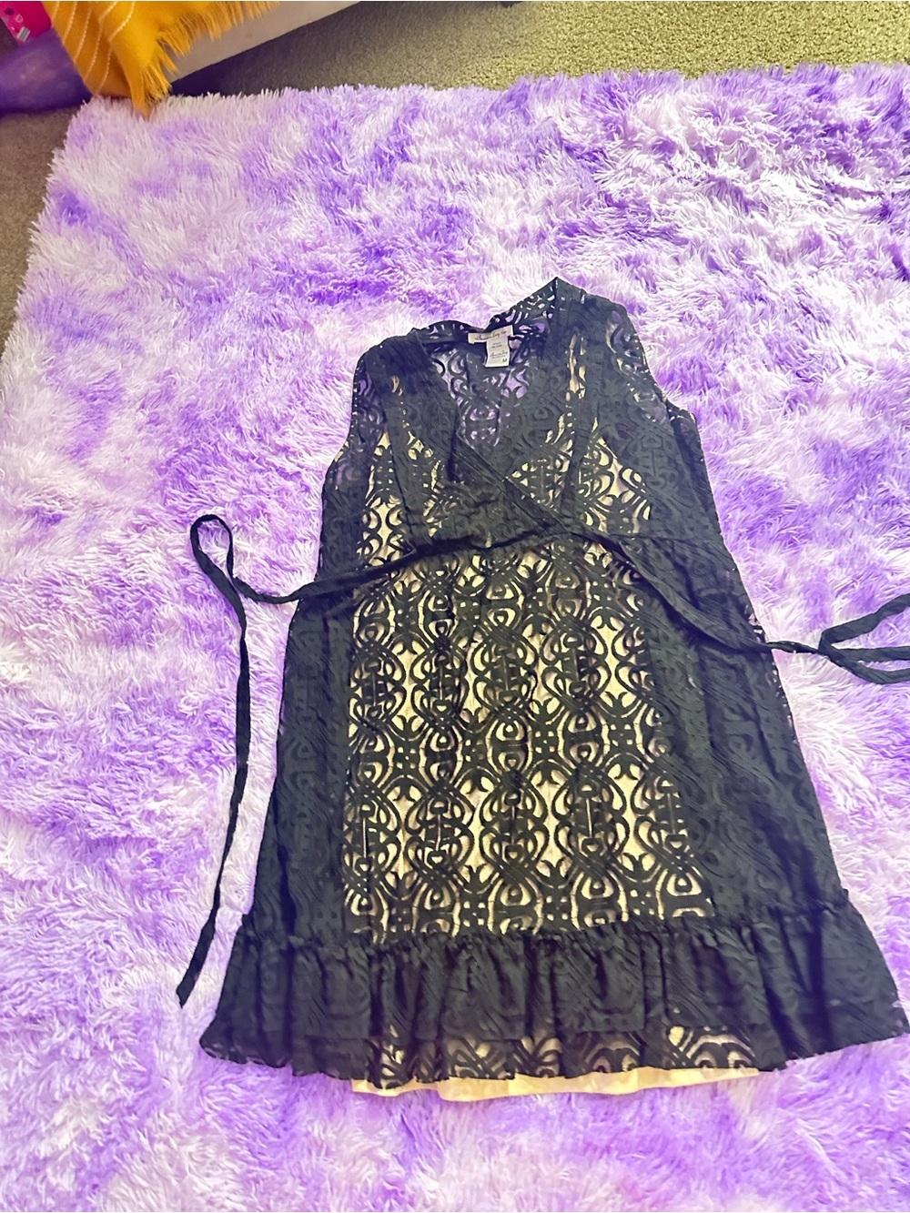 American Rag Black Lace Overlay Top with Purple Underlay